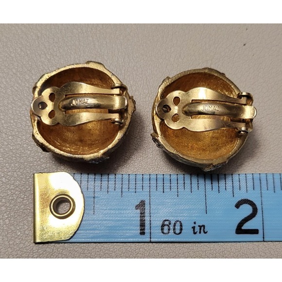 Vintage JOMAZ Signed Gold Tone Dome Smoky Rhinestone Clip On Earrings 7/8" - Picture 2 of 3